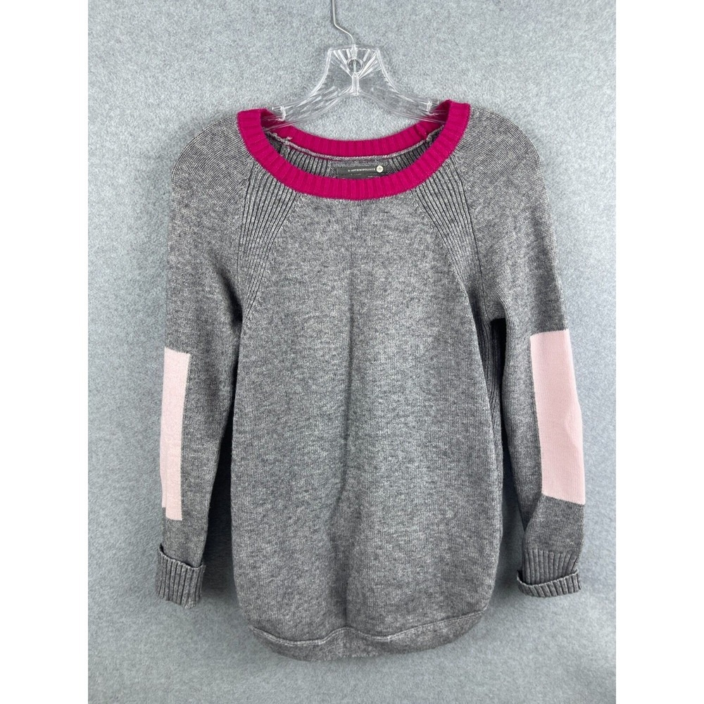 Anthropologie Sweater Women's XS Gray Pink Trim Crew Neck Long Sleeve Pullover